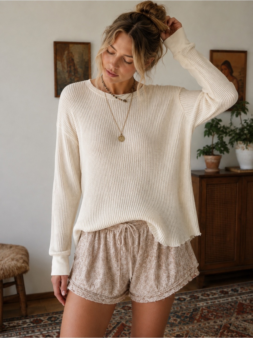 Free people River & thread Cream Waffle Knit Long Sleeve thermal Top -XS